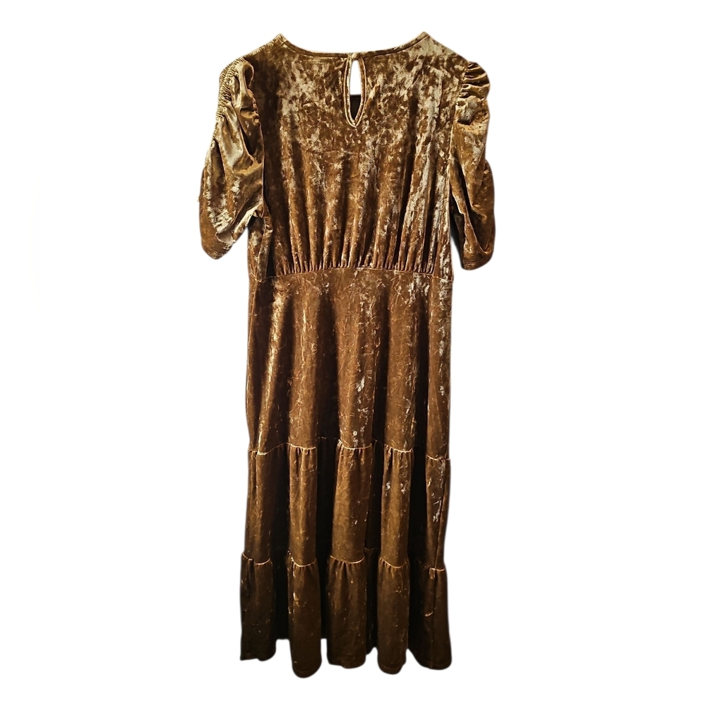 WHO WHAT WEAR Gold Crushed Velvet Puff Sleeve Boho Sz Med Tiered Peasant Dress - Picture 3 of 6